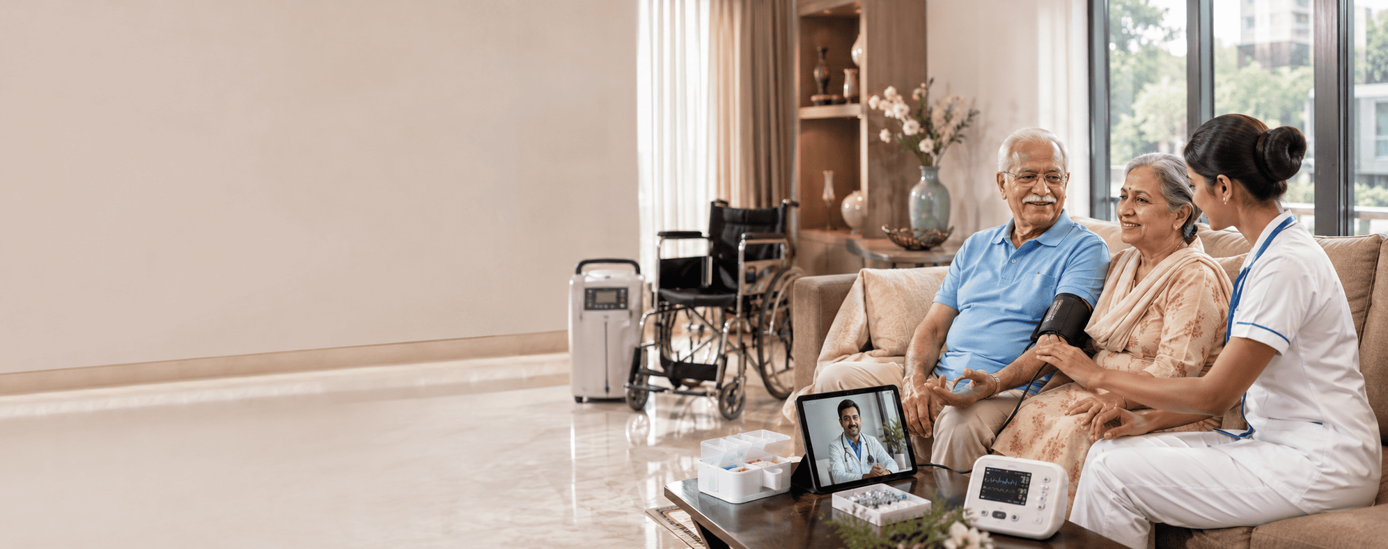 A caring nurse smiling with an elderly patient during a home visit