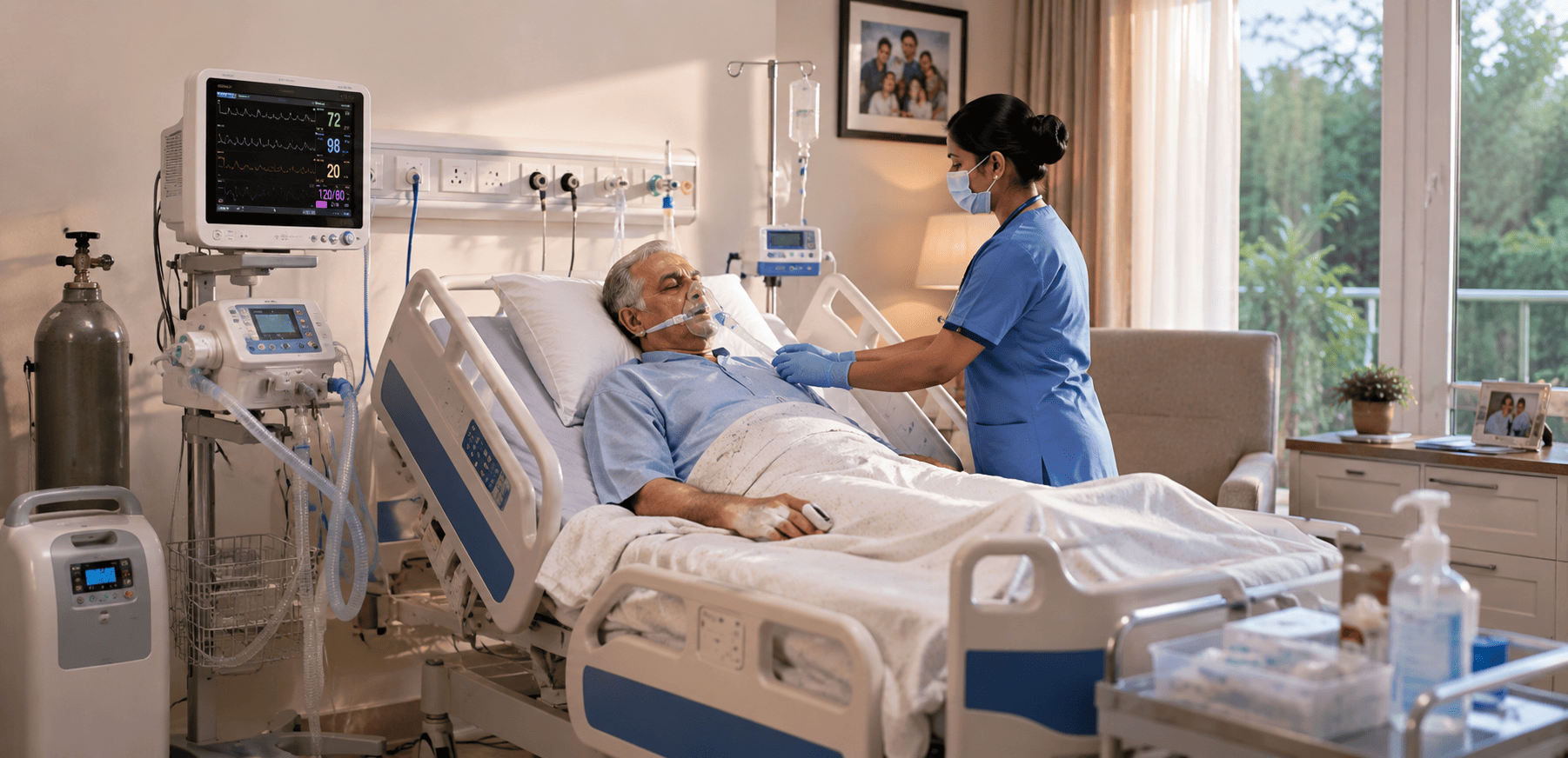 Hospital-grade ICU beds and monitoring equipment in a care ward