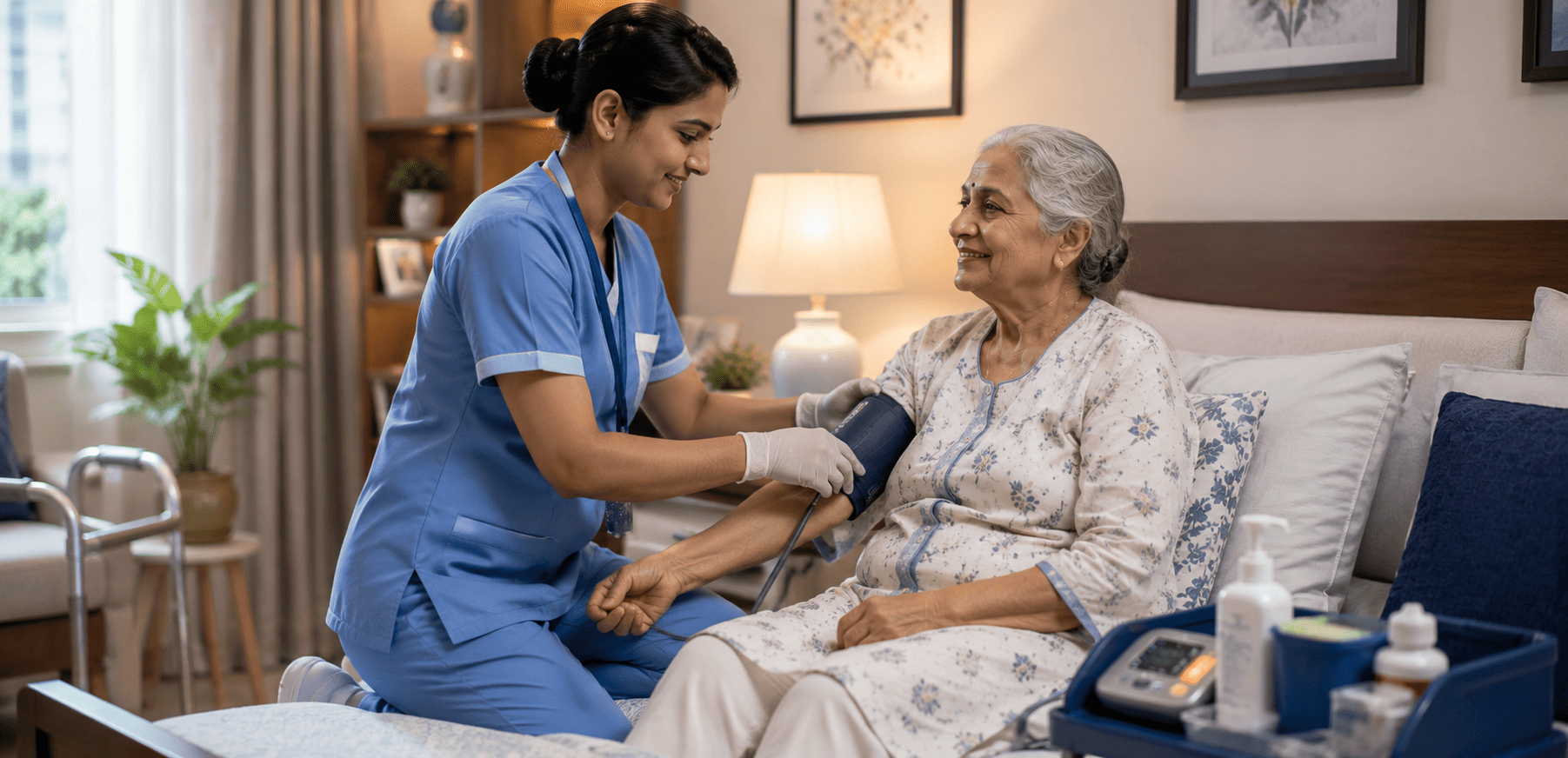 Friendly trained nurse in scrubs providing professional care