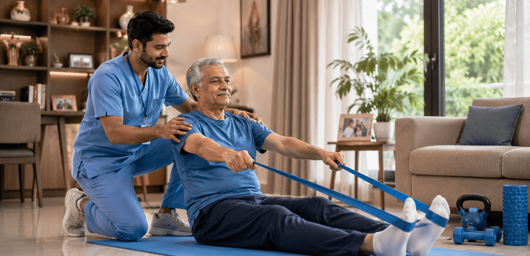 Patient performing guided physiotherapy and rehabilitation exercises